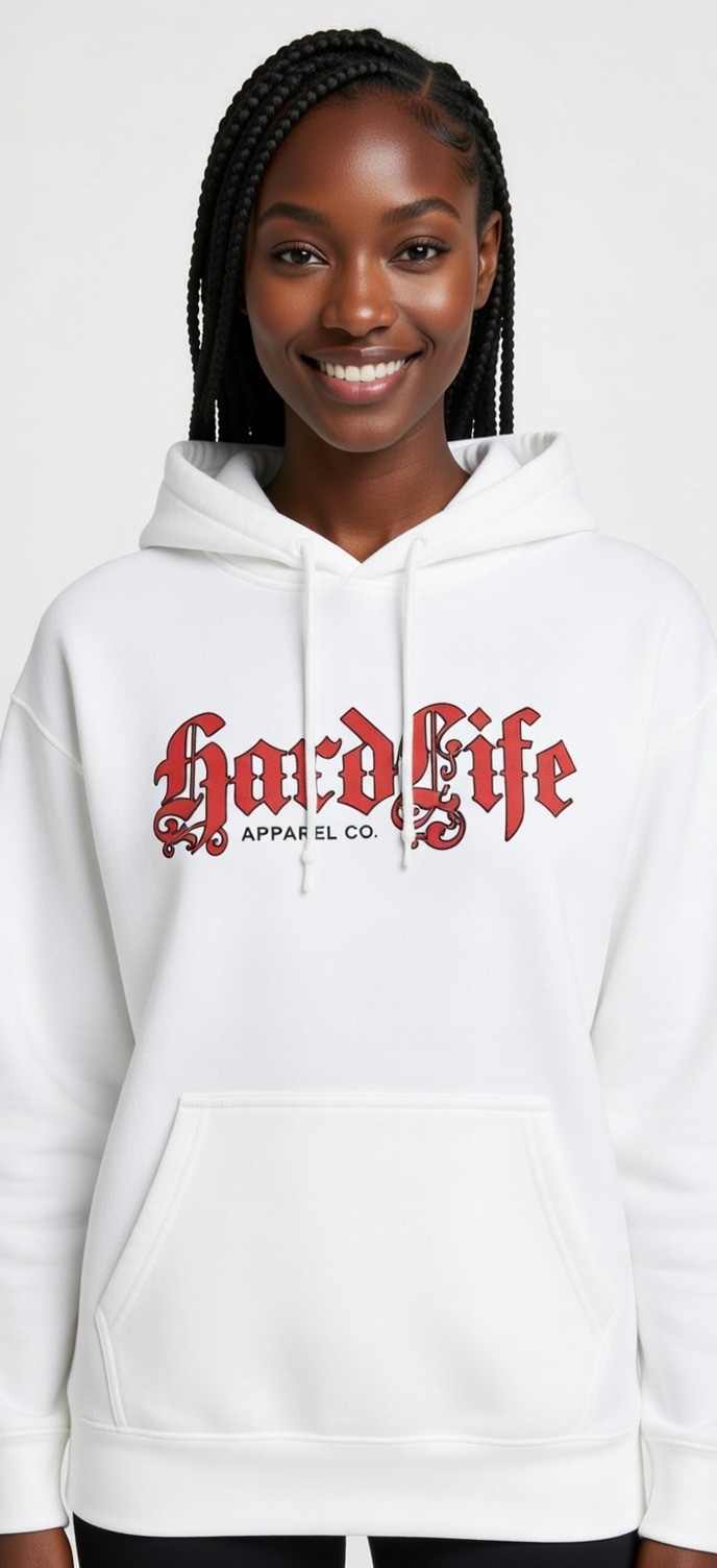 Hardlife Apparel Co white hoodie with red Old English branding