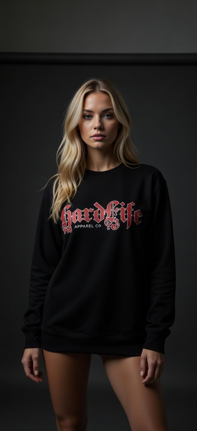 Hardlife Apparel Co black longsleeve tee with red Old English branding
