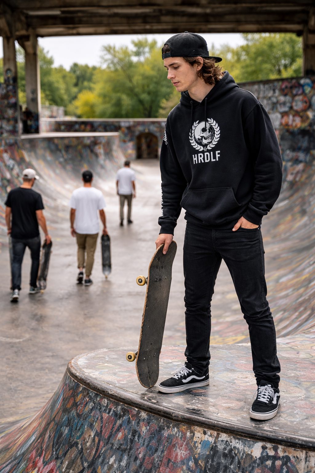 HRDLF skull crest hoodie black with skateboard at skatepark