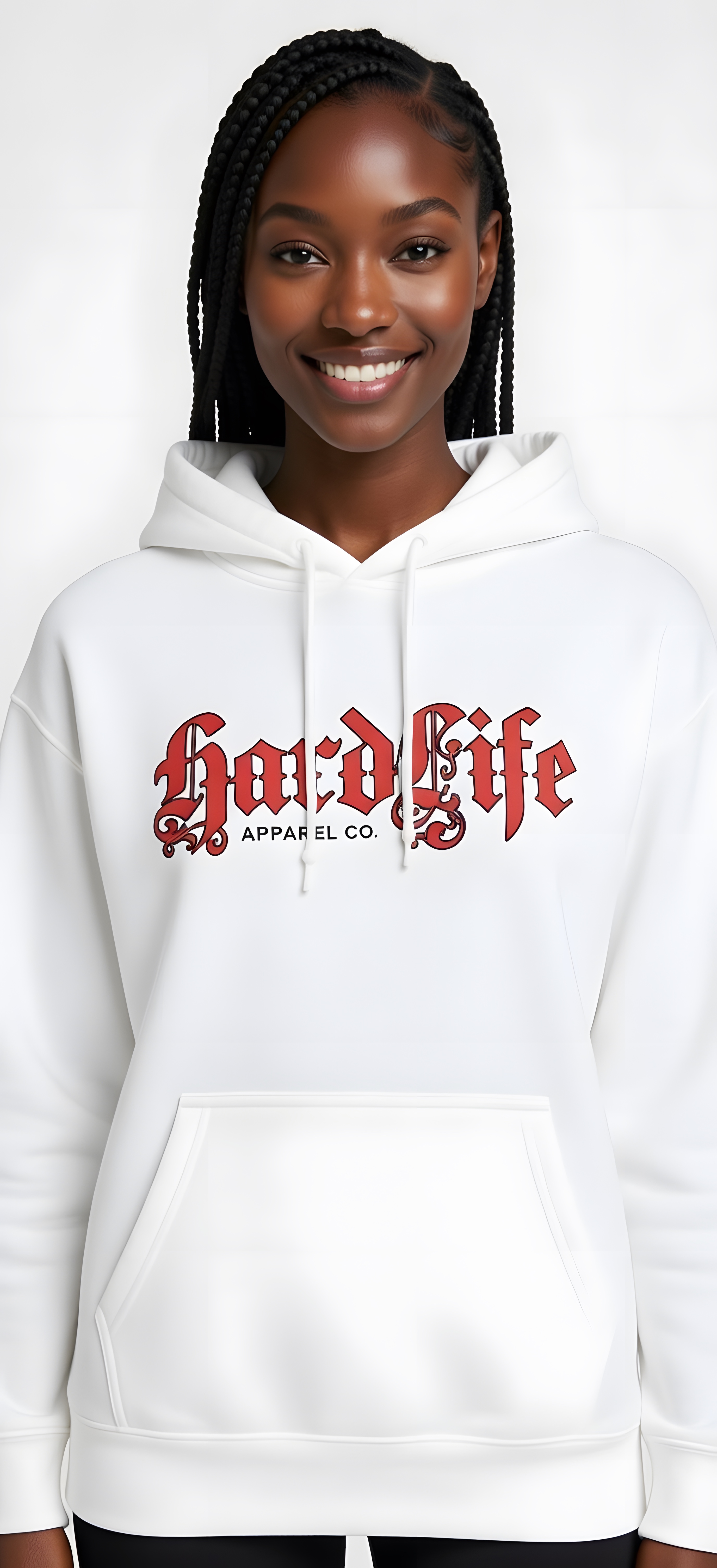 Hardlife Apparel white hoodie with red Old English branding -
model shot